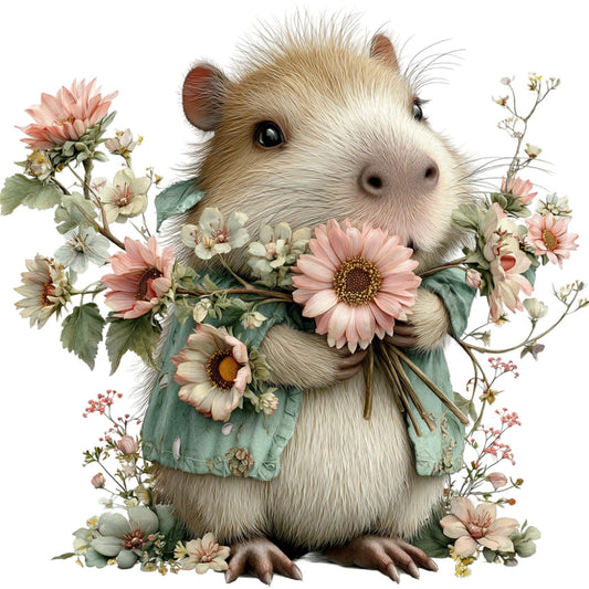 opossum, possum, cute animals, woodland creatures, floral, daisies, gerbera daisies, pink flowers, cream white, sage green, dusty rose, soft pastels, whimsical, nature themed, animal portrait, spring, summer, baby quilt, nursery, children's fabric, vintage botanical, cottage core, farmhouse style, gentle animals, flower bouquet, sweet and cute, illustration style, storybook, decorative panel