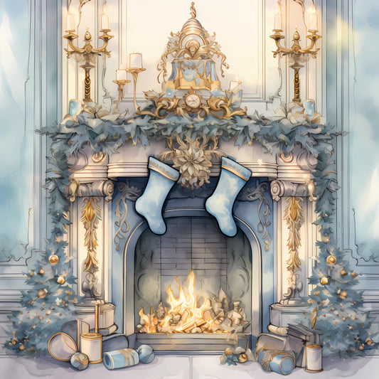 Light Blue and Gold Christmas Fabric Panel 33