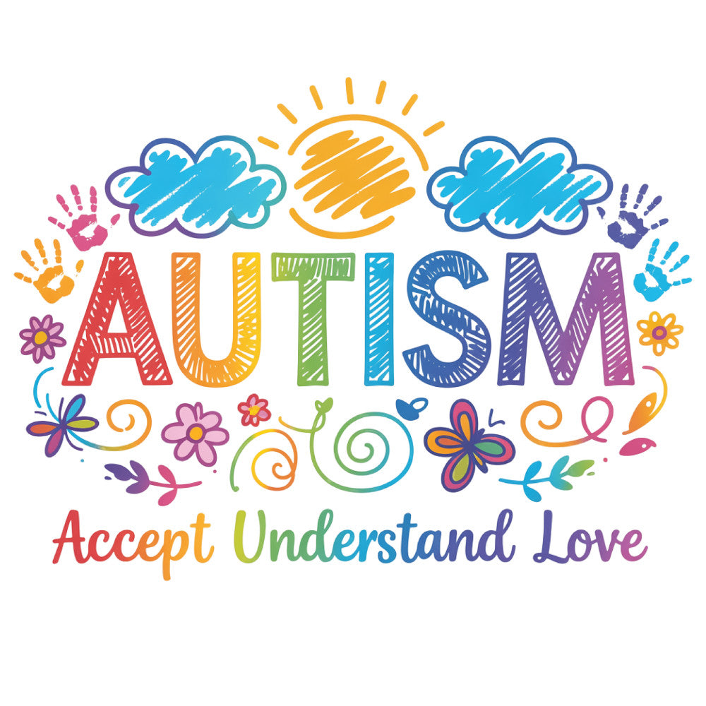 autism awareness, acceptance understand love, colorful, rainbow colors, red, orange, yellow, green, blue, purple, pink, handprinted style, whimsical, inspirational, motivational, flowers, butterflies, clouds, sun, hearts, decorative, inclusive, neurodiversity, support, solidarity, children's, special needs, educational, bright and cheerful, playful