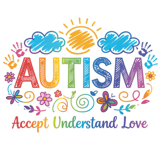 autism awareness, acceptance understand love, colorful, rainbow colors, red, orange, yellow, green, blue, purple, pink, handprinted style, whimsical, inspirational, motivational, flowers, butterflies, clouds, sun, hearts, decorative, inclusive, neurodiversity, support, solidarity, children's, special needs, educational, bright and cheerful, playful