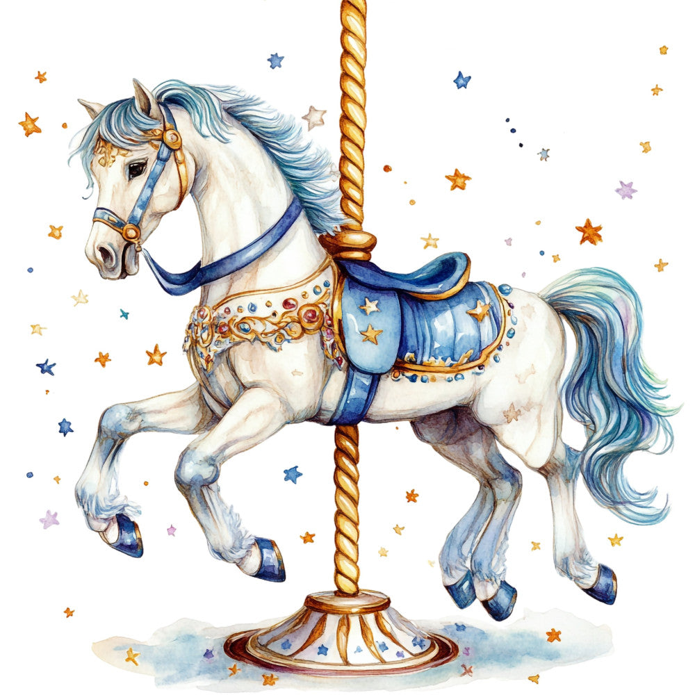 carousel horse, cream white, navy blue, gold, whimsical, stars, celestial, magical, fantasy, children, nursery, baby, vintage carnival, merry-go-round, horse motif, blue and gold, ornate, decorative, playful, dream-like, enchanted, pastel accents, soft colors, storybook, illustrated, watercolor style, timeless