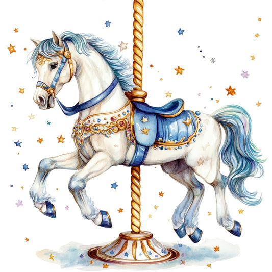 carousel horse, cream white, navy blue, gold, whimsical, stars, celestial, magical, fantasy, children, nursery, baby, vintage carnival, merry-go-round, horse motif, blue and gold, ornate, decorative, playful, dream-like, enchanted, pastel accents, soft colors, storybook, illustrated, watercolor style, timeless