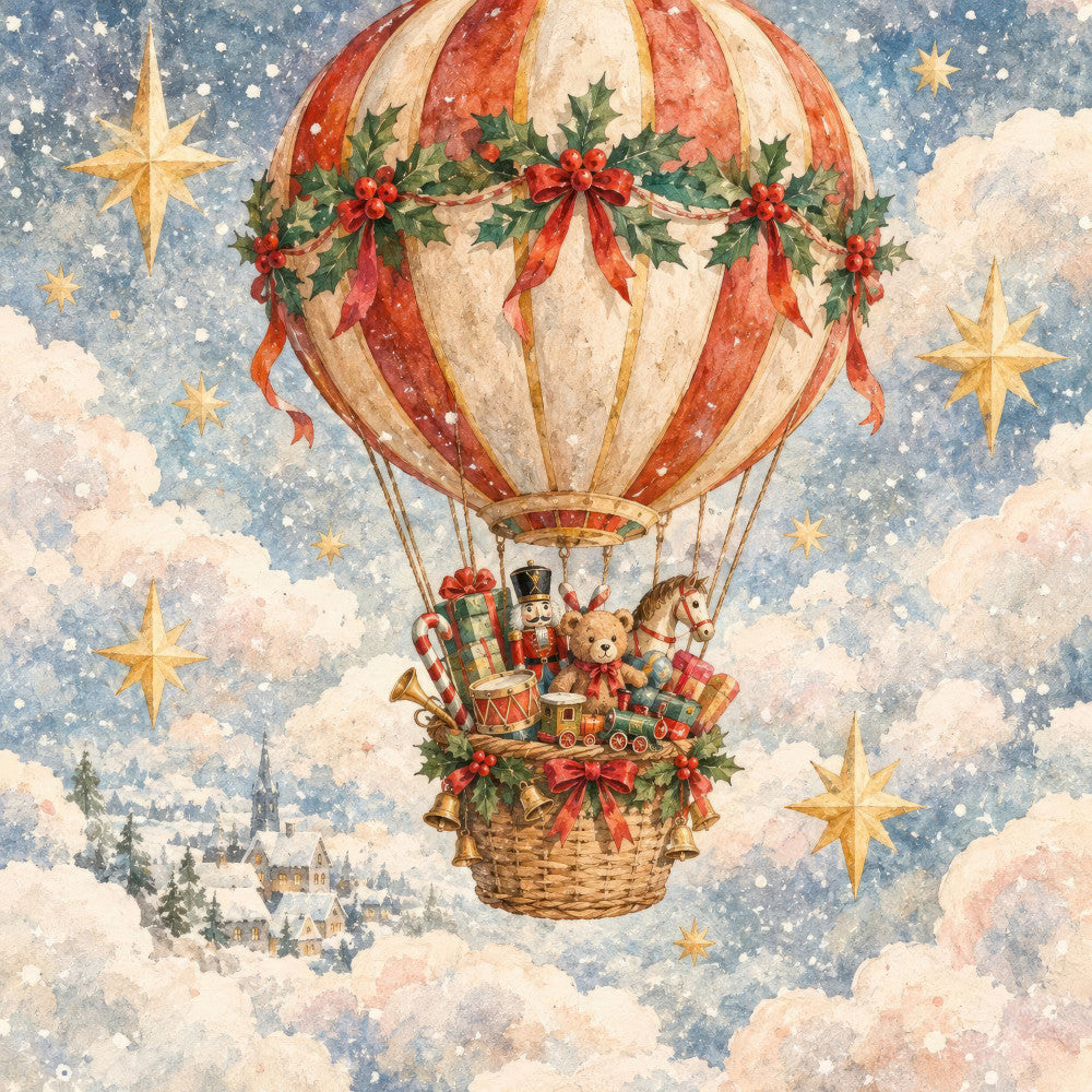 hot air balloon, christmas, vintage, whimsical, festive, holiday, nutcracker, teddy bear, gifts, toys, red and cream, gold stars, holly berries, red ribbons, snow, winter, celestial, magical, storybook, children's, nursery, baby, enchanted castle, nostalgic, traditional, elegant, cream, red, blue, green