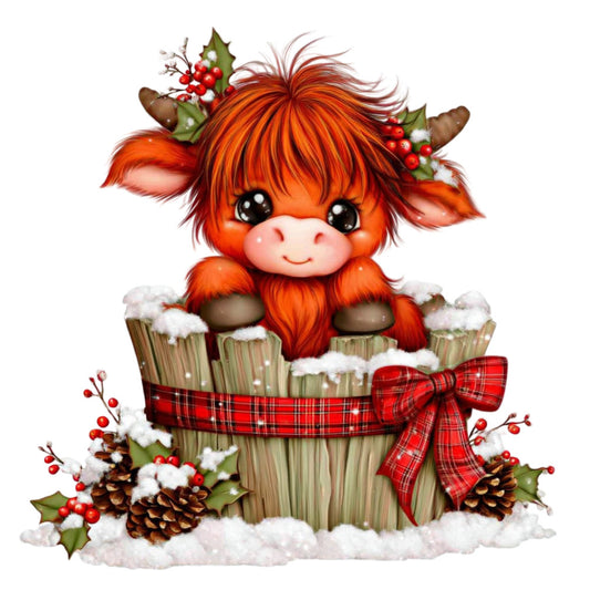 orange highland cow, red plaid, christmas, holiday, woodland, cute animals, whimsical, rustic, festive, tartan, holly berries, pine cones, snow, winter, farmhouse, red tartan bow, big eyes, adorable, seasonal, traditional scottish, burnt orange, cream white, forest green, brown accents, animals in baskets, decorative panel, charm, cheerful, country style