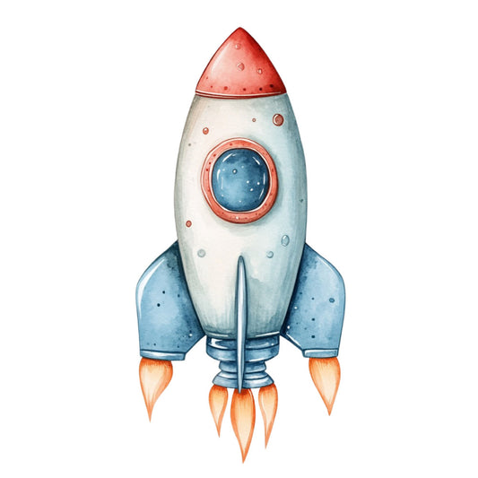 rocket, space, vintage rocket, retro, celestial, outer space, red nose cone, blue fins, orange flames, cream white, sky blue, coral red, whimsical, mid-century modern, children's, kids, nursery, baby, space exploration, sci-fi, science fiction, adventure, boys, playful, nostalgic, vintage design, transportation, blast off, stars, cosmic