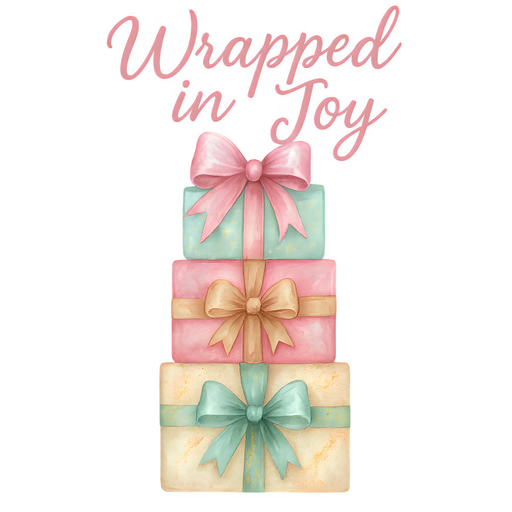 pink, mint green, coral, cream, watercolor style, gift boxes, ribbons, bows, christmas presents, stacked gifts, fabric panel, quilting, soft pastels, holiday theme, whimsical, feminine colors, wrapped packages, festive, winter celebration, crafting