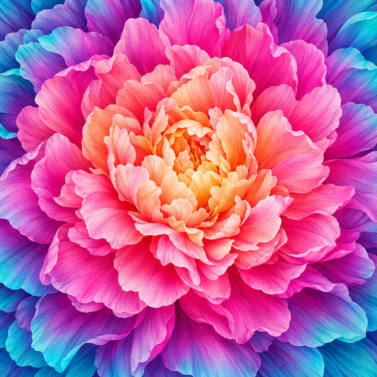 vibrant peony, coral pink, hot pink, magenta, fuchsia, orange, golden yellow, lavender purple, deep purple, turquoise blue, cyan blue, ombre gradient, floral, layered petals, botanical, nature, spring, summer, elegant, whimsical, modern, colorful, multi-colored, flower blooms, decorative, artistic, wall hanging, home decor