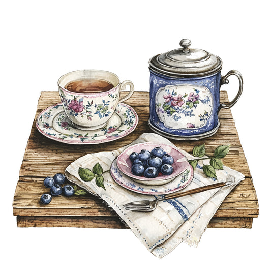 fabric panel, country kitchen, tea service, floral china, blueberries, wooden table, watercolor style, vintage teacup, blue teapot, fresh berries, linen napkin, rustic wood, pastoral scene, cottagecore, kitchen theme, quilting cotton, cream background, botanical motifs, farmhouse style, morning tea