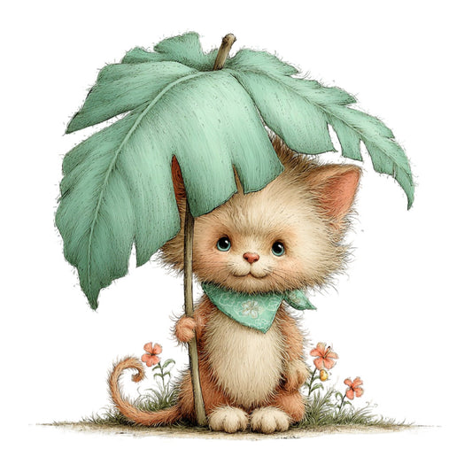 cute cat, kitten, whimsical, sage green, mint green, cream, tan, brown, coral pink, peach, nature, animals, woodland, garden, flowers, spring, sweet, playful, illustration, storybook, children's fabric, nursery, baby, enchanted forest, cottage core, gentle, soft, charming, bandana, decorative motif