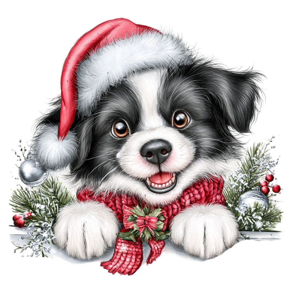 black and white dog, christmas, holiday, festive, cute puppy, red santa hat, white fur, red scarf, evergreen, holly, winter berries, red ornaments, silver bells, whimsical, playful, cheerful, greeting card style, children's, nursery, seasonal, december, joyful, smiling, festive pet, red and white, metallic accents, winter wonderland, decorative panel, wall hanging
