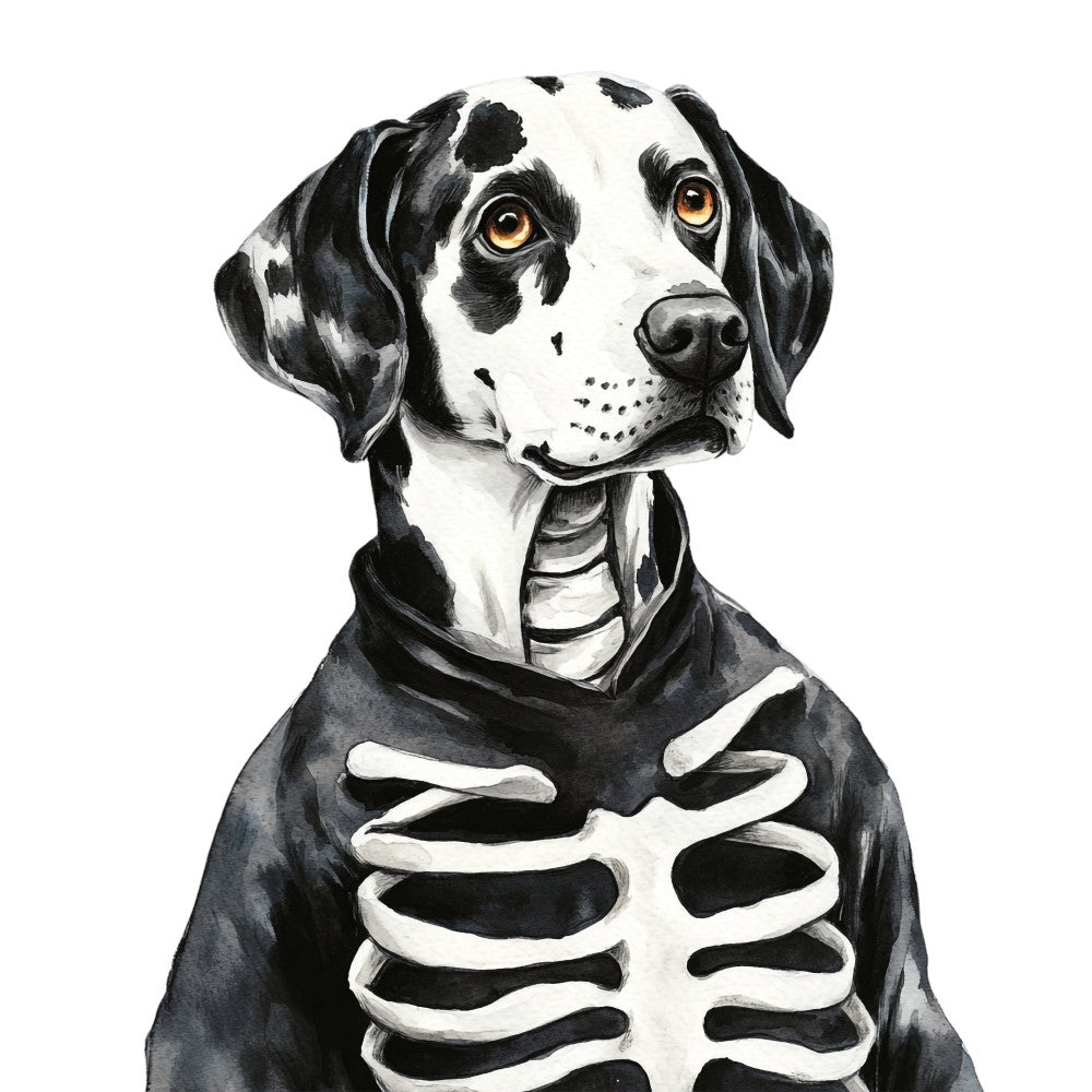 black and white, skeleton, dog, animal, portrait, whimsical, humorous, funny, costume, halloween, skull, bones, skeletal, edgy, contemporary, modern, quirky, playful, pet themed, dog lover, black dog, spotted dog, dalmatian, spooky, gothic, dark humor, autumn, wall hanging, novelty print