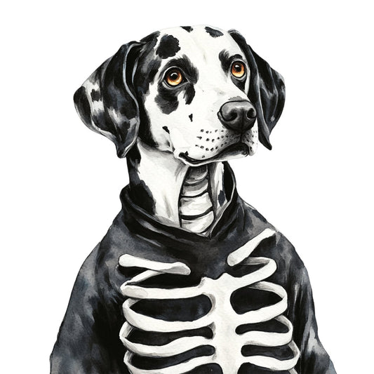 black and white, skeleton, dog, animal, portrait, whimsical, humorous, funny, costume, halloween, skull, bones, skeletal, edgy, contemporary, modern, quirky, playful, pet themed, dog lover, black dog, spotted dog, dalmatian, spooky, gothic, dark humor, autumn, wall hanging, novelty print