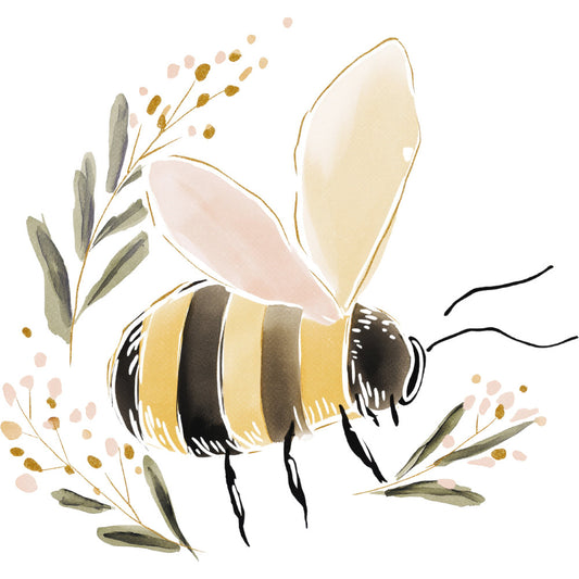 bee, honey bee, bumble bee, yellow and black, cream, pale pink, sage green, gold, botanical, floral, nature, insects, pollinators, wildflowers, delicate, whimsical, spring, summer, modern, illustration, watercolor style, garden, natural, peaceful, rustic, contemporary, decorative, botanical illustration, bee themed, pollinator friendly
