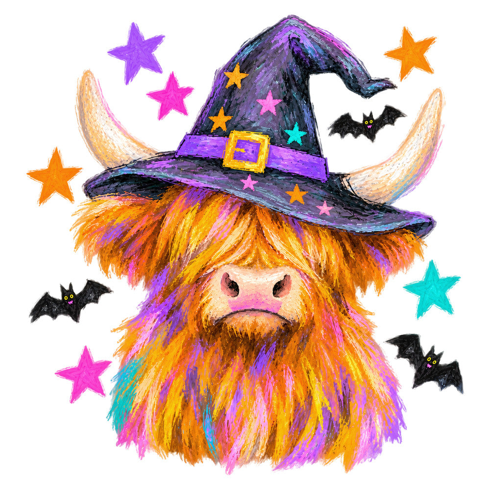 halloween witch, purple, orange, golden yellow, pink, turquoise, black, whimsical, magical, stars, bats, wizard hat, long hair, beard, celestial, fall, autumn, halloween, spooky, enchanted, fantasy, colorful, vibrant, festive, costume, quirky, playful, novelty, children's, kids