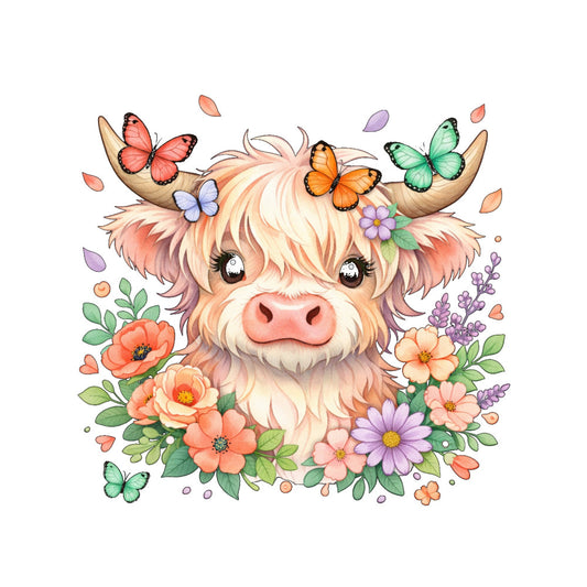 highland cow, whimsical, pastoral, flowers, butterflies, spring, coral pink, cream, lavender purple, sage green, peach, pastel, floral, nature, farm animals, cute, sweet, gentle, botanical, animals, cottage core, farmhouse, romantic, soft, delicate, daisy, poppy, leaves, flutter, dreamy