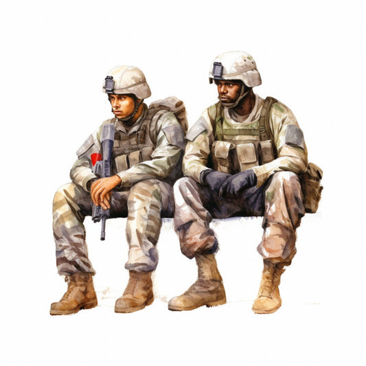 military, soldiers, desert camouflage, tan, khaki, beige, brown, gray, olive green, cream, desert theme, armed forces, patriotic, men, uniforms, tactical gear, combat, action, realistic, illustration, figurative, modern military, contemporary, veterans, service, heroic, wall hanging, home decor, tribute, honor