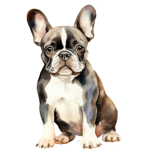 Watercolor Dogs Fabric Panel 19 features a detailed watercolor painting of a French Bulldog on premium quilting cotton.