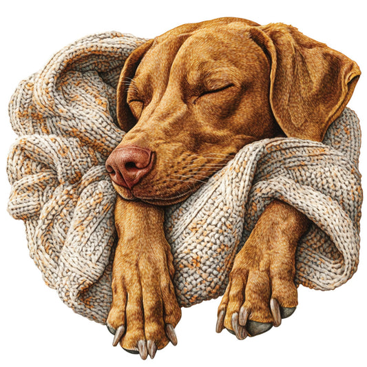 golden brown dog, chocolate brown, cream, beige, tan, knit blanket, cozy, sleeping dog, labrador, retriever, animal portrait, dog lover, pet themed, realistic illustration, warm tones, comfort, snuggling, wrapped in blanket, cozy home, rustic style, farmhouse style, dog blanket, pet bedding, animal lovers, gentle, peaceful, relaxing, home decor, dog art