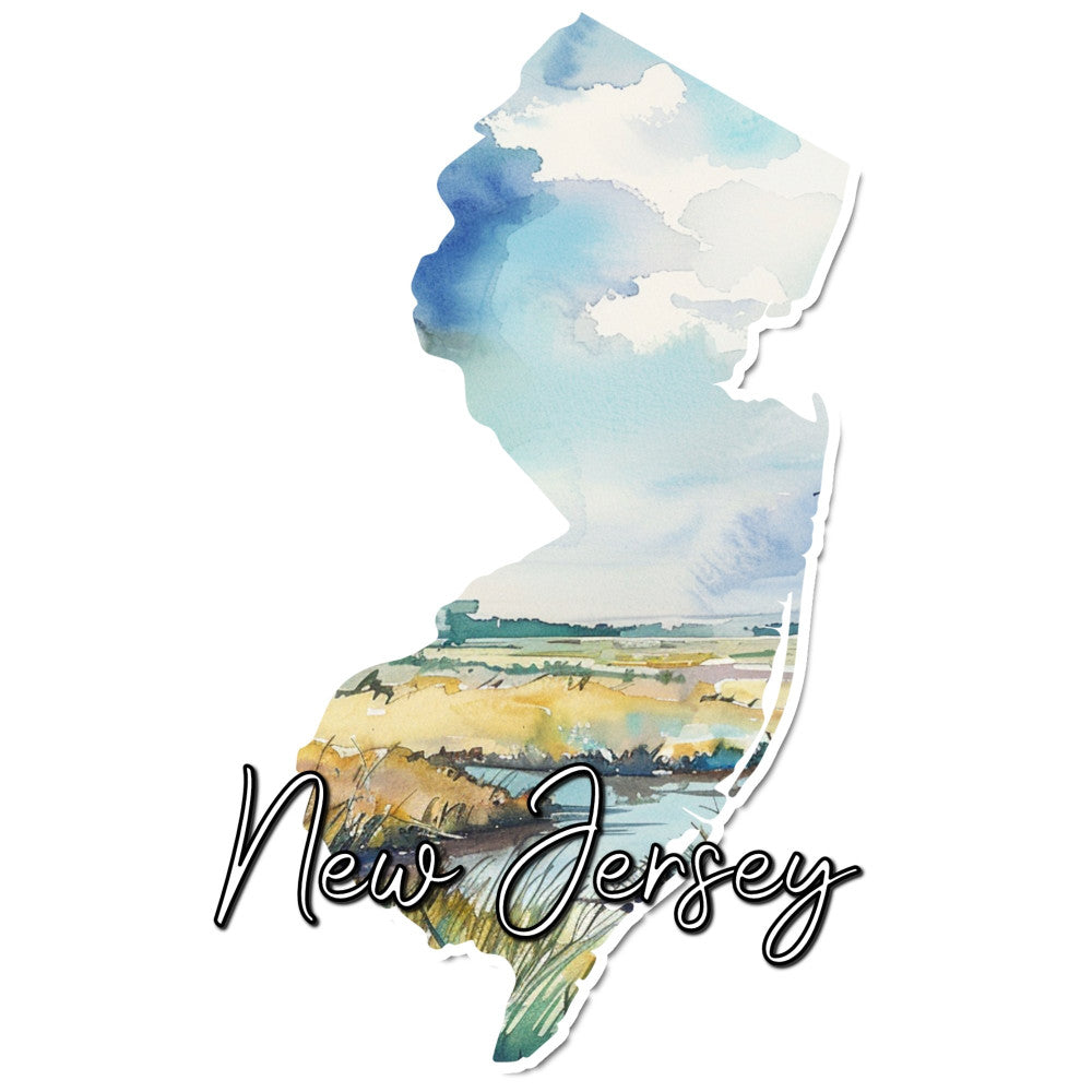 new jersey, watercolor, state map, landscape, scenic, sky blue, light blue, teal, cream, gold, yellow, green, nature, travel, geography, americana, rustic, farmland, pastoral, countryside, modern, artistic, watercolor painting, state pride, regional, home decor, wall hanging, pillow cover, quilt panel, spring