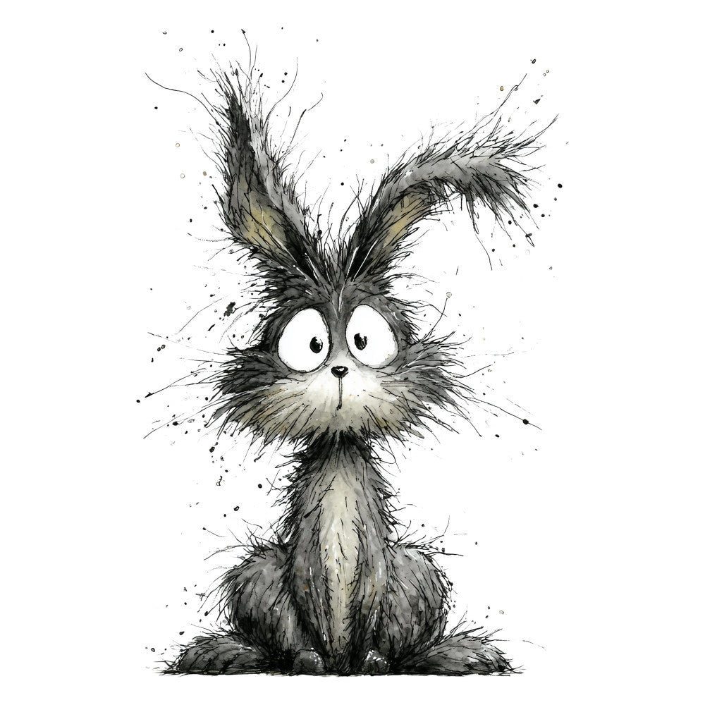 whimsical, black and white, charcoal gray, bunny, rabbit, cute animals, children's, playful, sketchy, ink splash, watercolor style, expressive, quirky, animal portrait, nursery, baby, woodland creatures, modern whimsical, artistic, hand-drawn style, furry friends, kawaii, gentle, sweet, illustration art, contemporary, decorative panel, wall art, kids decor