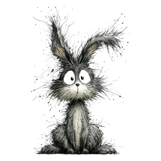 whimsical, black and white, charcoal gray, bunny, rabbit, cute animals, children's, playful, sketchy, ink splash, watercolor style, expressive, quirky, animal portrait, nursery, baby, woodland creatures, modern whimsical, artistic, hand-drawn style, furry friends, kawaii, gentle, sweet, illustration art, contemporary, decorative panel, wall art, kids decor