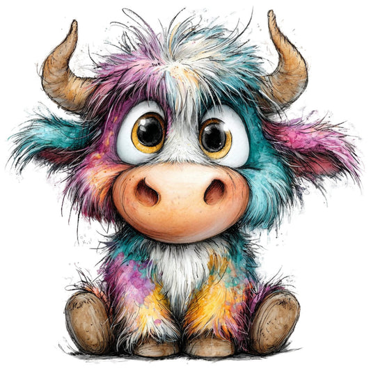 whimsical, colorful highland cow, multicolor, pink, teal, purple, yellow, golden yellow, turquoise, lavender, cute animals, cattle, bovine, big eyes, playful, children's fabric, nursery, rainbow colors, folk art style, illustration, hand-painted style, pastoral, farmhouse, modern whimsical, character panel, decorative animals, bright colors, pastel accents, cream, brown horns