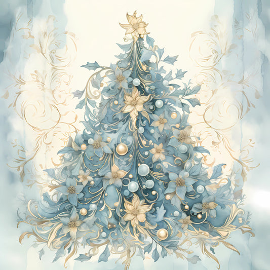 Light Blue and Gold Christmas Fabric Panel 25