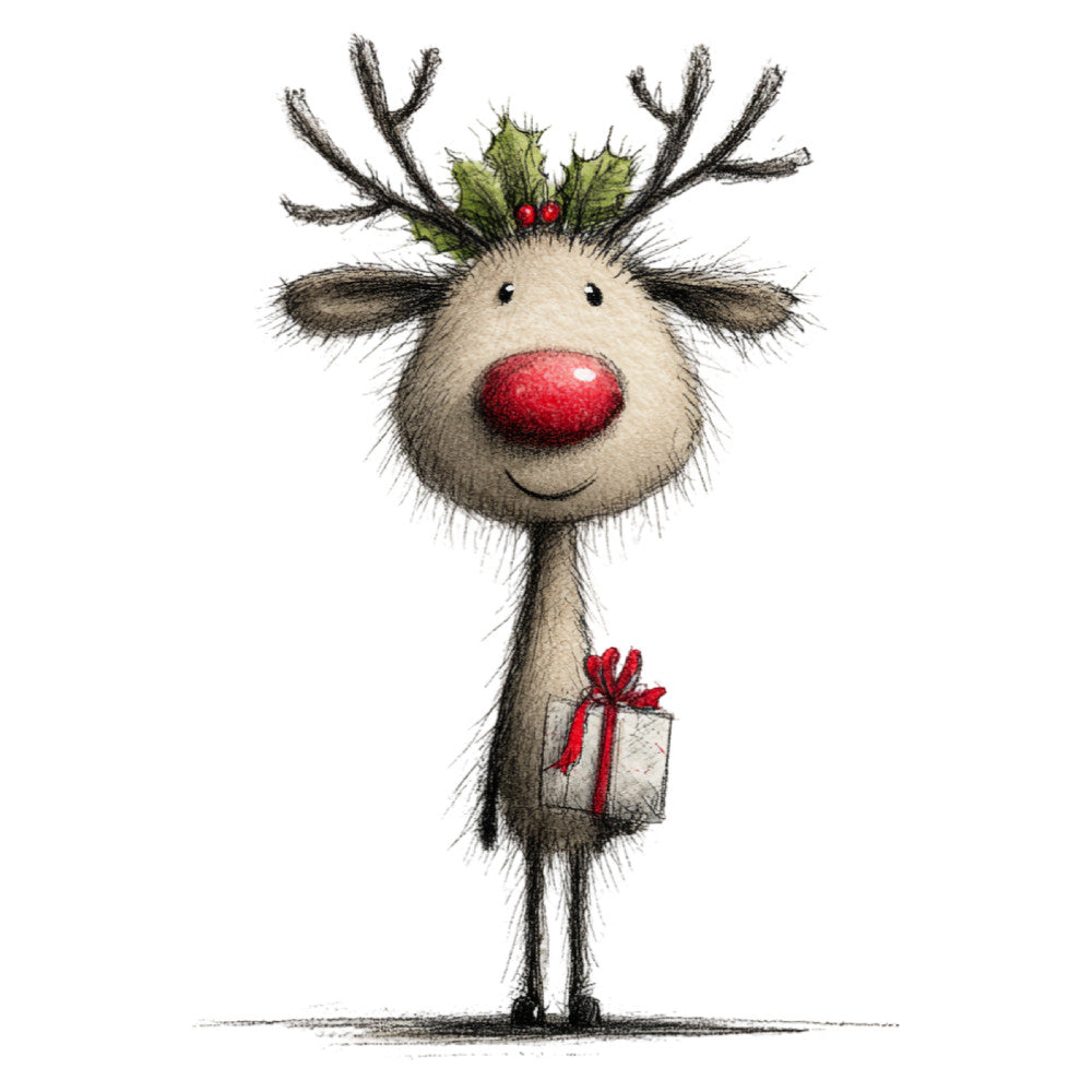 reindeer, rudolph, red nose, christmas, holiday, festive, whimsical, cute, charming, animal, deer, antlers, holly, gift, present, cream, beige, tan, red, green, winter, cheerful, playful, greeting card style, illustrated, children's, nostalgic, traditional, heartwarming