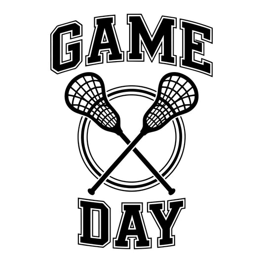 lacrosse, sports, game day, black and white, monochrome, crossed sticks, athletic, youth sports, team sports, geometric, modern, casual, boys, girls, school spirit, sports equipment, lacrosse sticks, ball, circle motif, bold text, graphic design, recreational, competition, active wear, sports themed, high contrast, line art, minimalist, contemporary, hobby themed