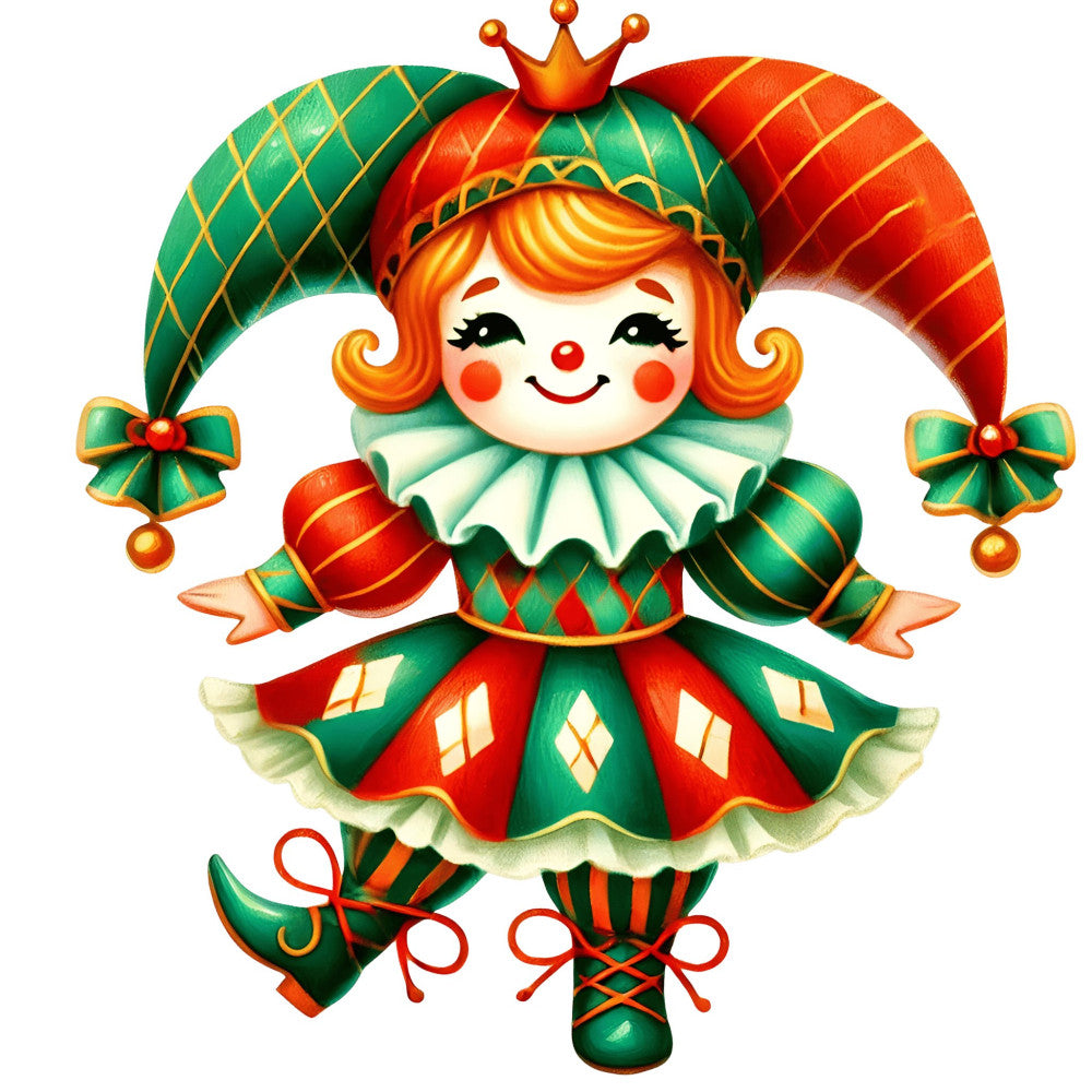 christmas, holiday, jester, clown, whimsical, vintage, retro, red, green, gold, orange, cream, ivory, festive, cheerful, playful, diamond pattern, striped, character, novelty, children, kids, traditional, classic, jolly, decorative, wall hanging, panel quilt