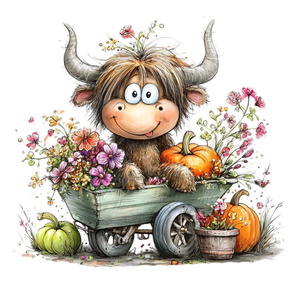whimsical, highland cattle, cute animals, farmhouse, autumn, fall harvest, pumpkins, flowers, floral, pink flowers, orange pumpkins, brown and tan, cream, sage green, rustic, charming, children's, baby, nature, countryside, harvest theme, pansies, cottage core, folk art, hand-painted style, cheerful, playful, pastoral, seasonal, thanksgiving