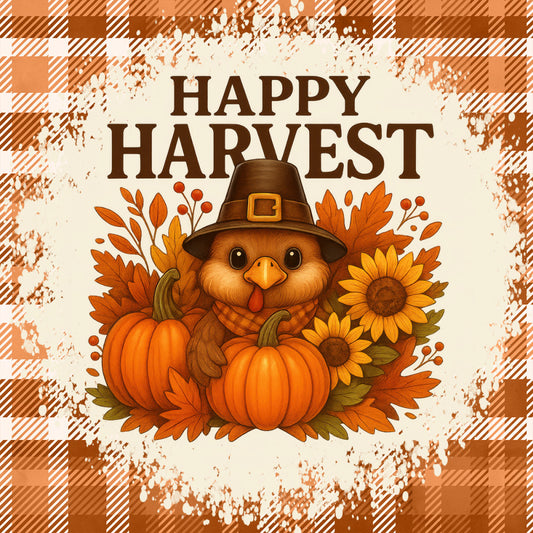 happy harvest, autumn, fall, thanksgiving, turkey, pumpkin, orange, brown, cream, tan, gold, rust, plaid, gingham, striped, farmhouse, rustic, whimsical, cheerful, seasonal, harvest theme, thanksgiving decor, autumn leaves, sunflower, nature, folk art, country, wall hanging, home decor, seasonal decoration