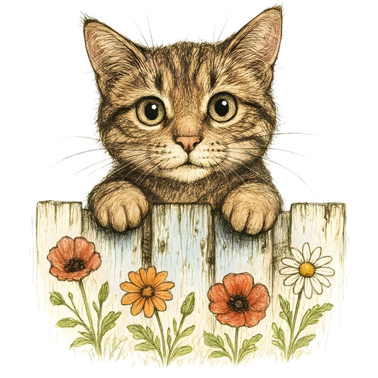 cat, tabby cat, striped cat, flowers, floral, poppies, daisies, garden, nature, animals, farmhouse, cottage, rustic, whimsical, vintage, botanical, cream, tan, brown, coral pink, golden yellow, green, wooden fence, countryside, spring, summer, charming, folk art, illustrated, detailed