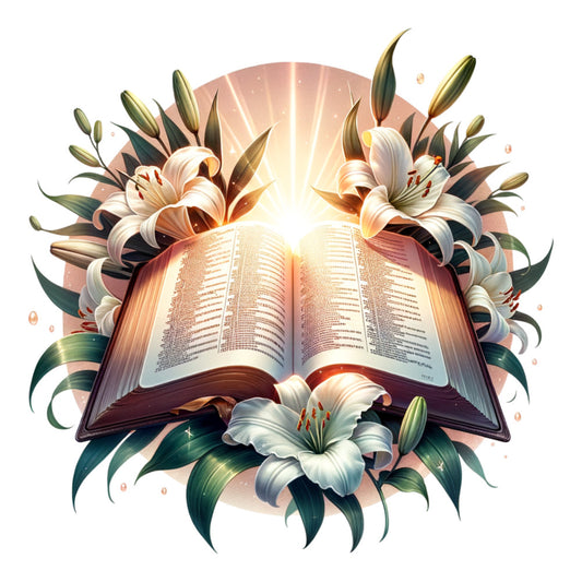 watercolor, easter lilies, open bible, white flowers, green leaves, religious, spiritual, golden light, radiating sun, peachy pink, cream colors, botanical design, floral arrangement, scripture book, faith themed, spring flowers, soft pastels, fabric panel, quilting cotton, inspirational