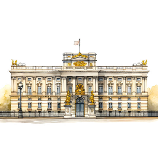 cream, gold, pale yellow, beige, tan, architectural, building, palace, neoclassical, elegant, vintage, traditional, historic, landmark, british, government, monument, classical architecture, ornate, decorative, formal, sophisticated, heritage, stately home, fan motif, urn motif, flag, patriotic, wall hanging, home décor
