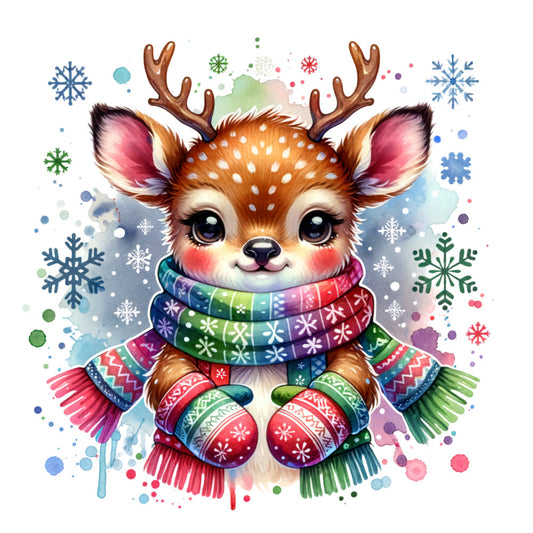 reindeer, fawn, deer, winter, christmas, holiday, scarf, mittens, snowflakes, brown, orange, pink, blue, green, red, rainbow colors, watercolor, cute, whimsical, fabric panel, quilting cotton, woodland animals, festive, colorful, baby animal, antlers, winter accessories