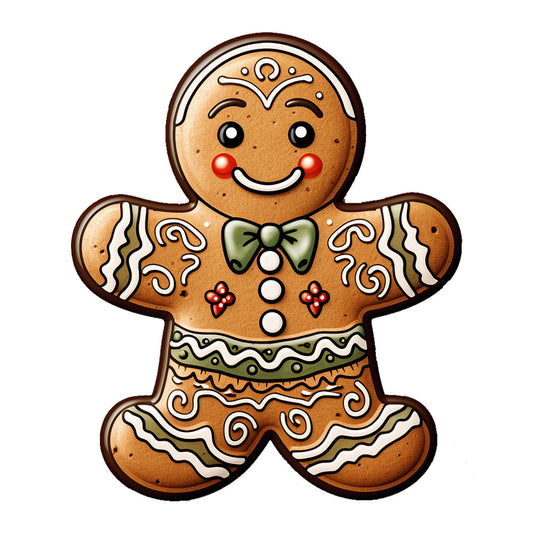 Cute Christmas Gingerbread Man Fabric Panel 1 with detailed icing and a green bow tie printed on premium quilting cotton