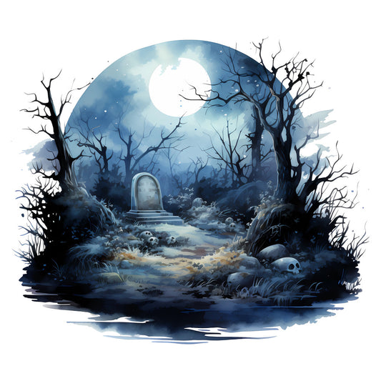 midnight blue, navy blue, pale blue, silver, white, ghostly white, graveyard, cemetery, tombstone, gothic, spooky, haunted, halloween, skull, dead trees, bare branches, moonlight, full moon, eerie, dark atmosphere, whimsical gothic, horror, supernatural, night scene, moody, dark fantasy, creepy aesthetic, autumn, fall