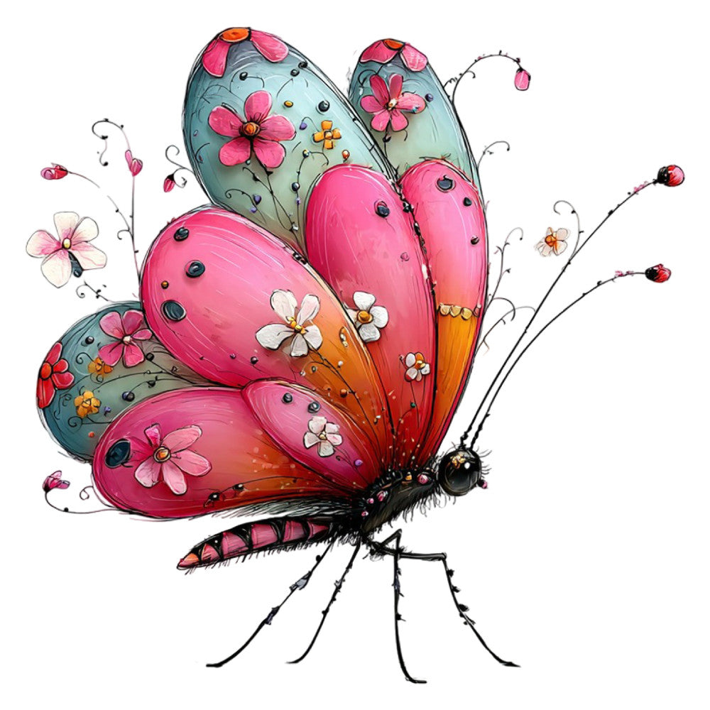 hot pink, magenta, coral, teal, mint green, gray, cream white, butterfly, flowers, floral, nature, whimsical, playful, fantasy, artistic, spring, summer, garden, insects, decorative, bright, vibrant, cute, charming, detailed illustration, botanical, animal motifs, children's, nursery, feminine
