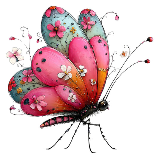 hot pink, magenta, coral, teal, mint green, gray, cream white, butterfly, flowers, floral, nature, whimsical, playful, fantasy, artistic, spring, summer, garden, insects, decorative, bright, vibrant, cute, charming, detailed illustration, botanical, animal motifs, children's, nursery, feminine