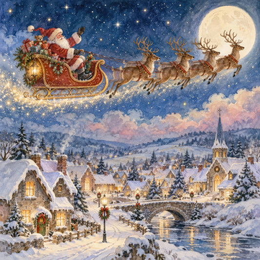 christmas, holiday, santa claus, reindeer, sleigh, winter scene, snow-covered village, church, starry night, full moon, celestial, traditional, whimsical, nostalgic, vintage, cream, navy blue, deep blue, gold, red, brown, landscape, scenic, trees, evergreen, houses, cottages, bridge, river, festive