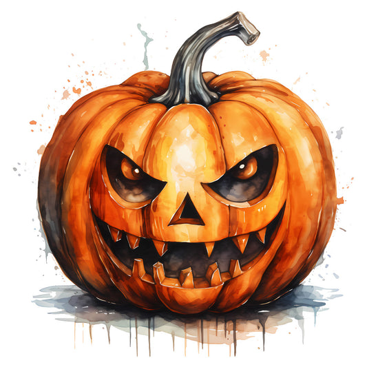 halloween, jack-o'-lantern, pumpkin, orange, burnt orange, black, spooky, scary, evil face, menacing expression, autumn, fall, holiday, whimsical, gothic, sinister, glowing eyes, fangs, carved pumpkin, jack o lantern face, seasonal, trick-or-treat, decorative, artistic, watercolor style, splatter effect, festive, october