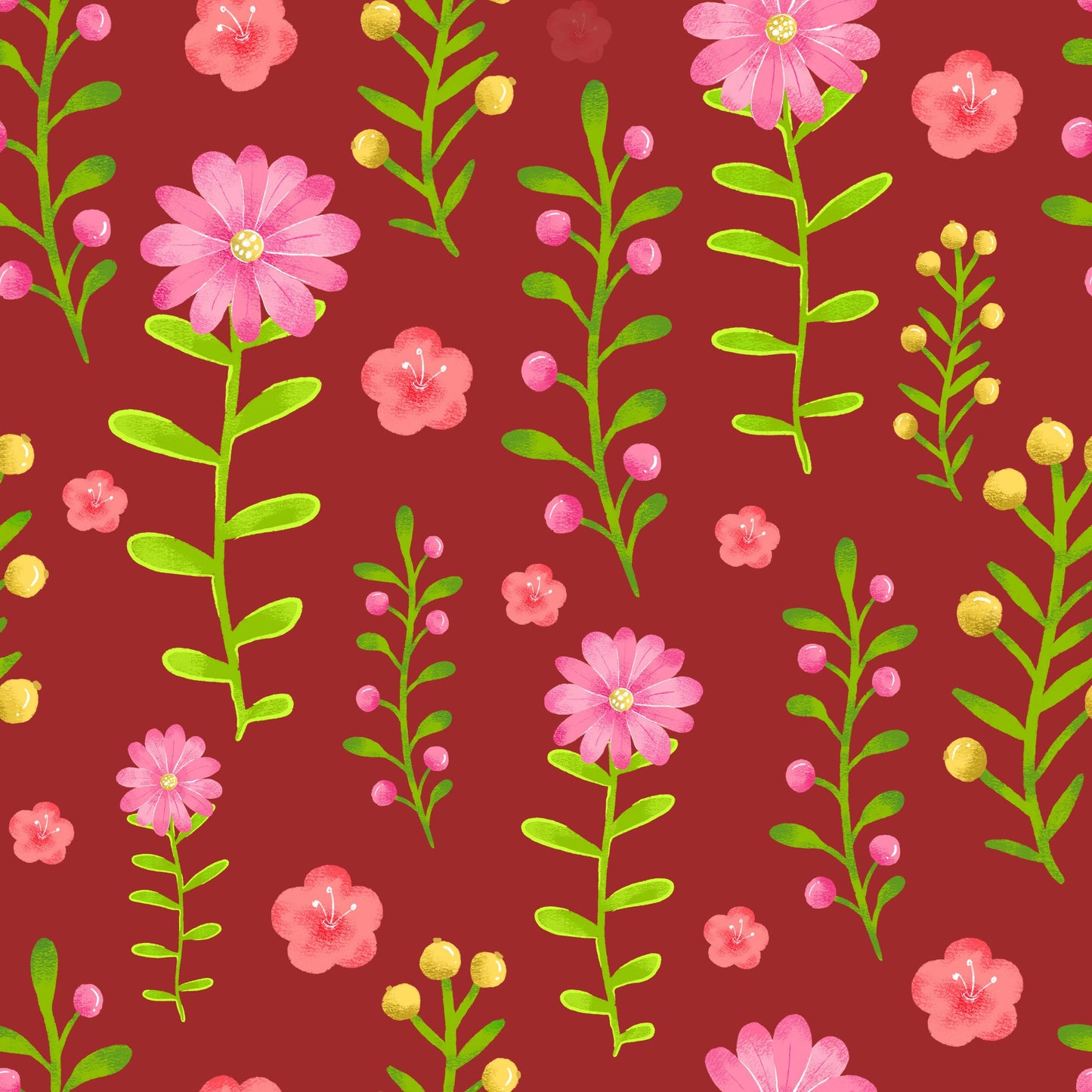 Handdrawn Pink Flowers Pattern 4 Quilting Cotton Fabric