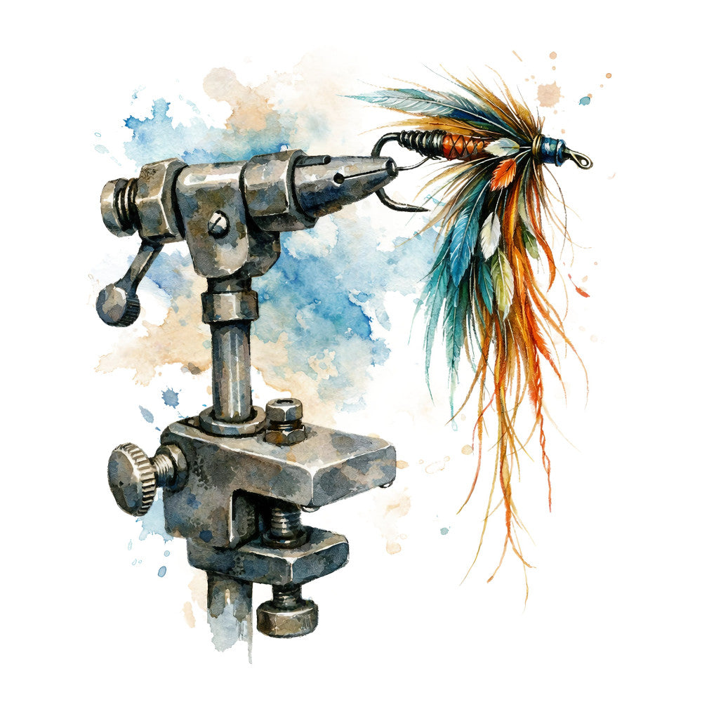 fishing, fly fishing, fishing lure, fishing fly, vintage fishing, steampunk, industrial, mechanical, tools, fishing tackle, teal, orange, brown, tan, beige, watercolor, abstract, nature, hobby, sports, masculine, rustic, vintage aesthetic, whimsical, detailed illustration, fishing theme, outdoor recreation, father's day, man cave, steampunk aesthetic