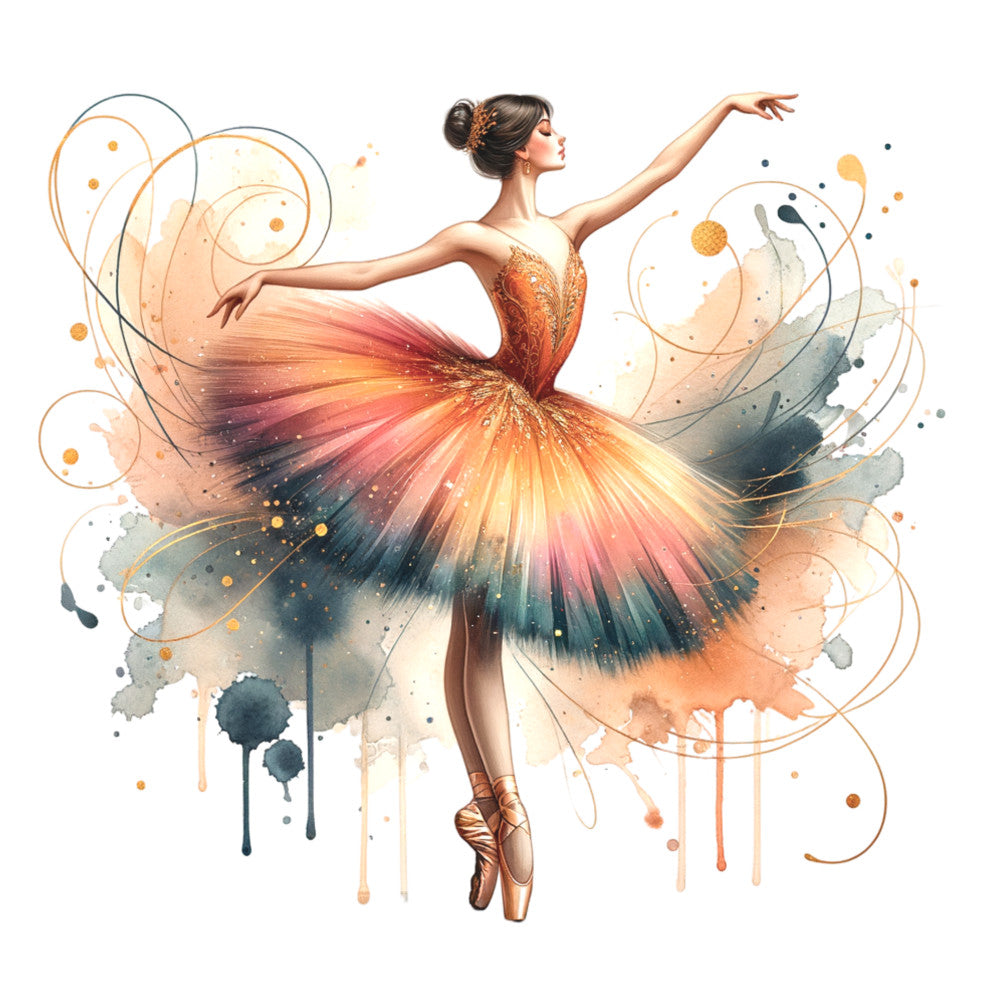 ballet dancer, ballerina, tutu, pointe shoes, watercolor style, orange, coral, teal, gold accents, graceful pose, artistic splashes, fabric panel, quilting cotton, dance theme, flowing movement, elegant figure, warm colors, cool colors, abstract elements, decorative swirls