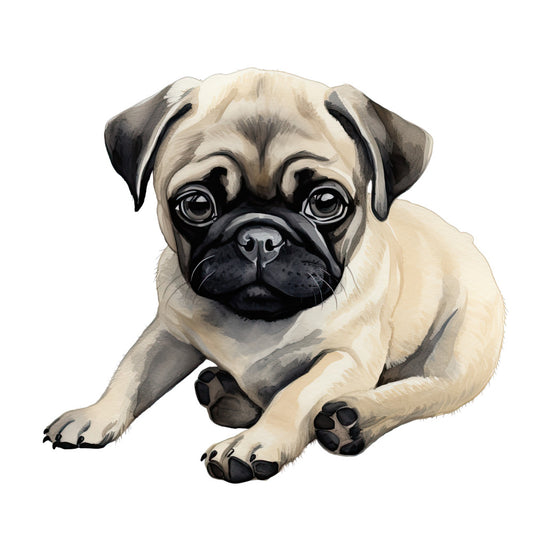 Watercolor Pug Fabric Panel 33 featuring a detailed, realistic illustration of a cute pug puppy in soft colors on premium quilting cotton.