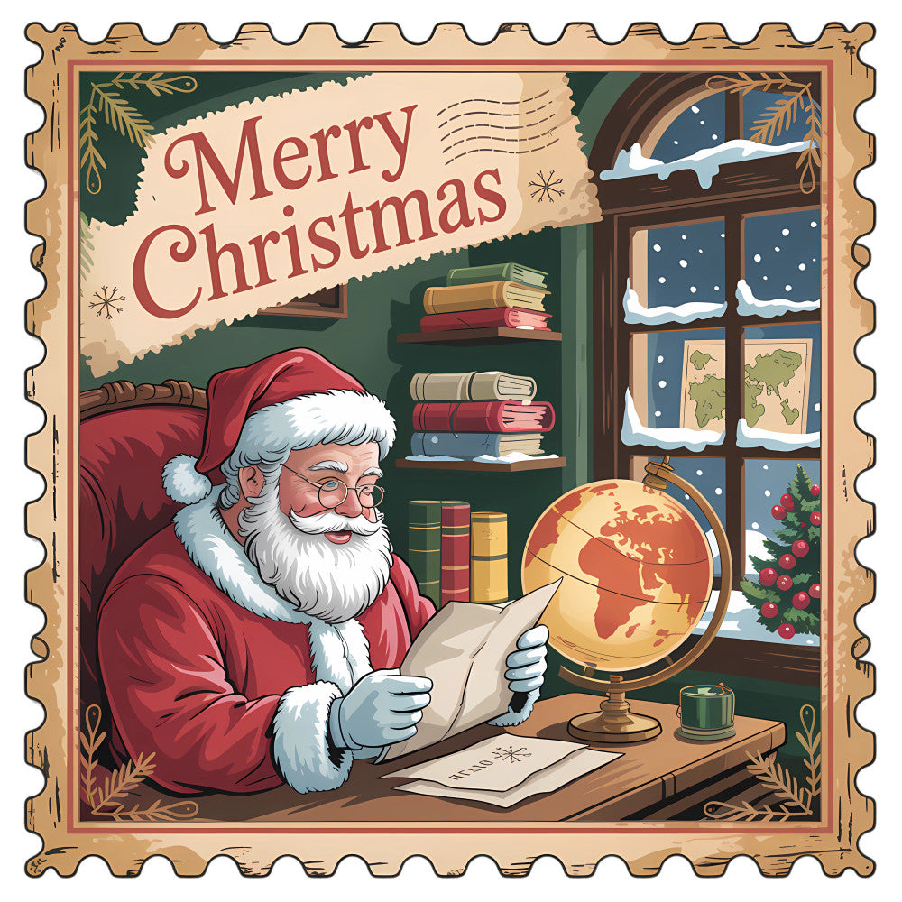 Vintage Christmas Stamps Fabric Panel 24 featuring Santa reading letters by a globe near a snowy window in warm quilted cotton.