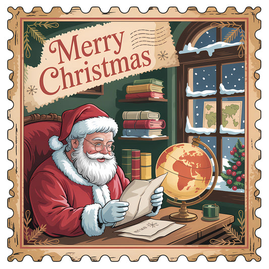 Vintage Christmas Stamps Fabric Panel 24 featuring Santa reading letters by a globe near a snowy window in warm quilted cotton.
