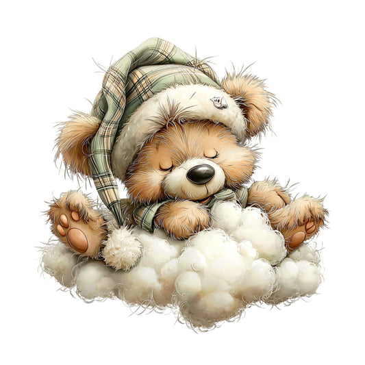teddy bear, sleeping bear, cute animals, plaid hat, cream, tan, brown, gold, white, cloud, fluffy, whimsical, sweet, gentle, nursery, baby, children's, cozy, warm, soft, charming, illustrated, storybook, woodland, dreamy, peaceful, restful, bedtime, lullaby, winter