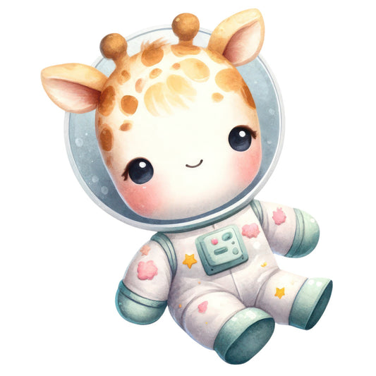 cute giraffe, astronaut, space theme, nursery, baby, whimsical, pastel colors, soft blue, cream, tan, coral pink, sage green, celestial, stars, clouds, adventure, playful, sweet, adorable, children's, gender neutral, animal theme, illustration style, kawaii, dreamy, gentle, crib quilt, baby shower, toddler, soft palette